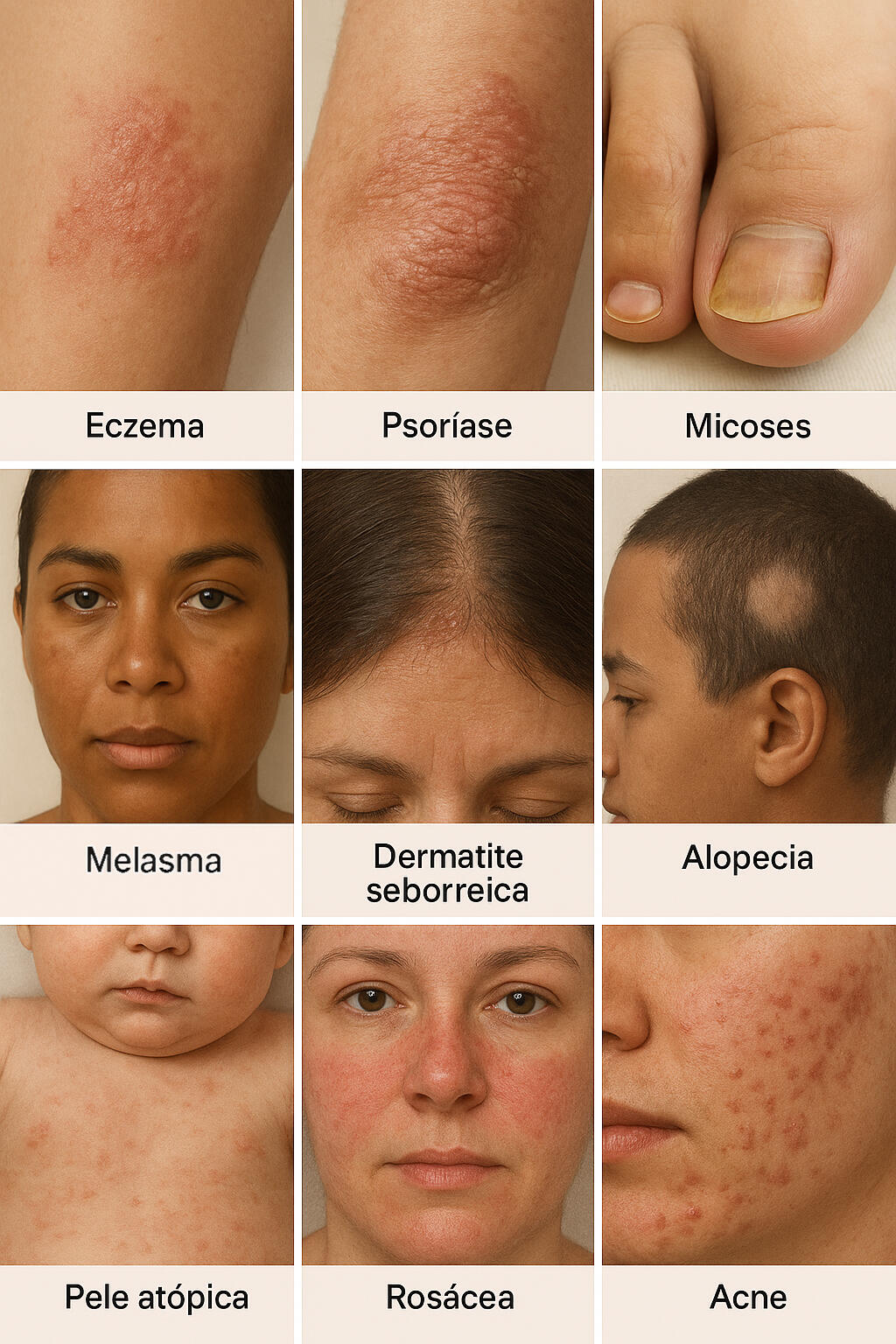 psoríase, dermatites, pele atópica, acne, melasma, fungos, rosácea, dermatite seborreica, candidíase doenças de pele